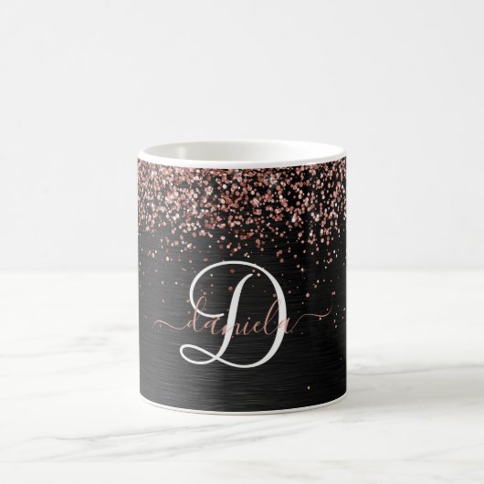 Custom Rose Gold Glitzer Black Sparkone Monogram Kaffeetasse (Mittel)