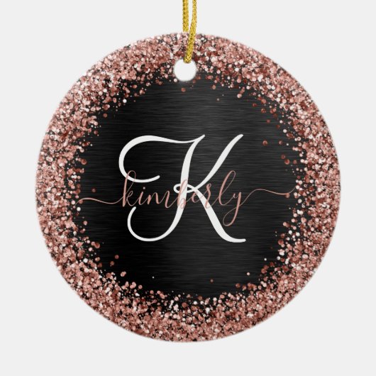 Custom Rose Gold Glitzer Black Sparkone Monogram Keramik Ornament (Vorne)
