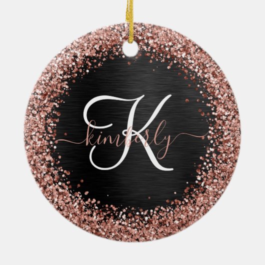 Custom Rose Gold Glitzer Black Sparkone Monogram Keramik Ornament (Hinten)