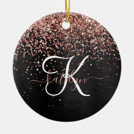 Custom Rose Gold Glitzer Black Sparkone Monogram Keramik Ornament (Vorne)