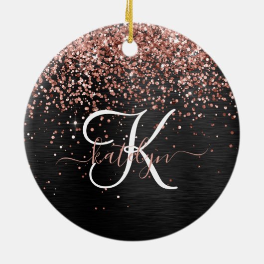 Custom Rose Gold Glitzer Black Sparkone Monogram Keramik Ornament (Hinten)