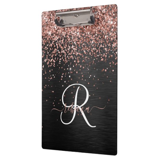 Custom Rose Gold Glitzer Black Sparkone Monogram Klemmbrett (Links)