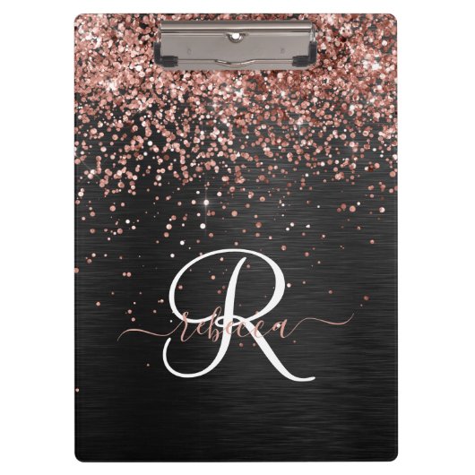 Custom Rose Gold Glitzer Black Sparkone Monogram Klemmbrett (Vorderseite)