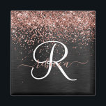 Custom Rose Gold Glitzer Black Sparkone Monogram Magnet<br><div class="desc">Dieses trendige,  elegante Magnetdesign mit hübschem vergoldeten Glitzer aus Rose auf schwarz gebürstetem metallischem Hintergrund ist einfach zu personalisieren.</div>