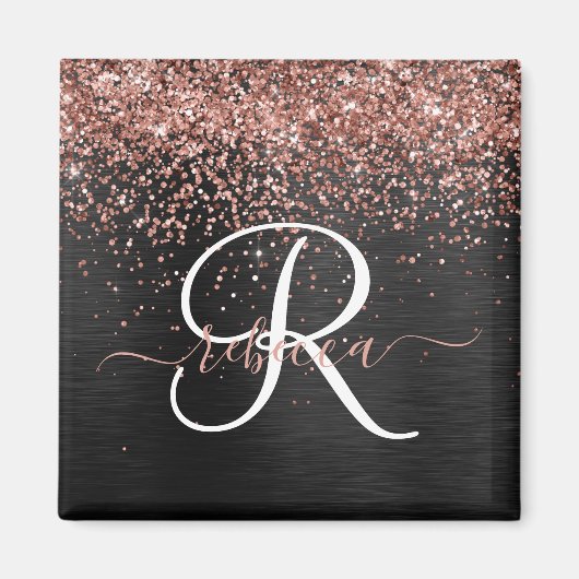 Custom Rose Gold Glitzer Black Sparkone Monogram Magnet (Vorne)