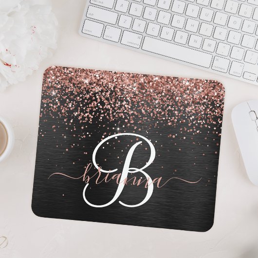 Custom Rose Gold Glitzer Black Sparkone Monogram Mousepad