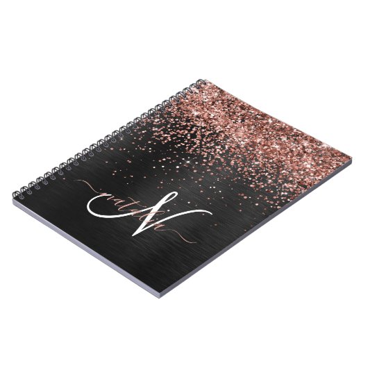 Custom Rose Gold Glitzer Black Sparkone Monogram Notizblock (Linke Seite)