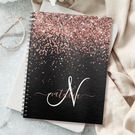 Custom Rose Gold Glitzer Black Sparkone Monogram Notizblock