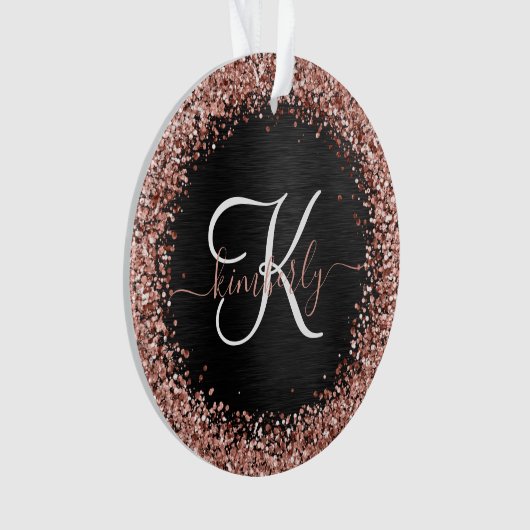 Custom Rose Gold Glitzer Black Sparkone Monogram Ornament (Vorderseite)