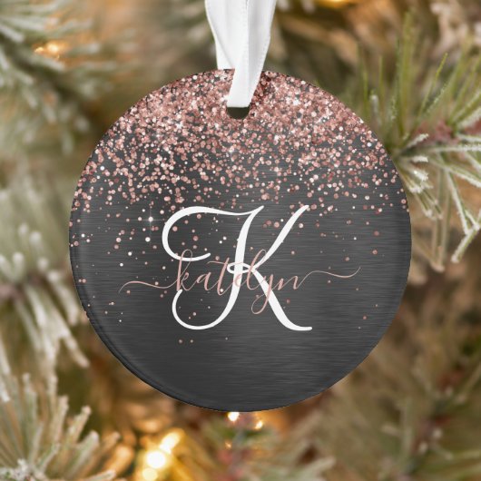 Custom Rose Gold Glitzer Black Sparkone Monogram Ornament (Baum)