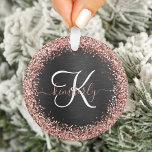 Custom Rose Gold Glitzer Black Sparkone Monogram Ornament<br><div class="desc">Dieses trendige und elegante Ornament-Design mit hübschen Rose goldglänzenden Imitaten Glitzer auf schwarz gebürstetem metallischem Hintergrund ist einfach zu personalisieren.</div>