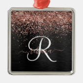 Custom Rose Gold Glitzer Black Sparkone Monogram Ornament Aus Metall (Vorne)