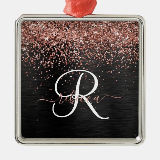 Custom Rose Gold Glitzer Black Sparkone Monogram Ornament Aus Metall (Vorne)