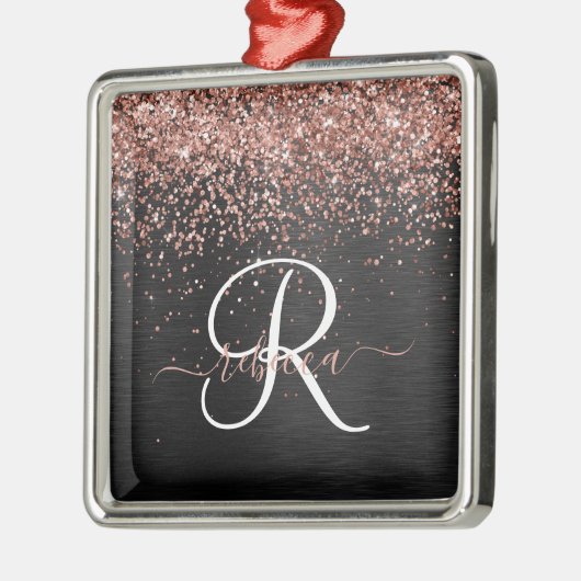 Custom Rose Gold Glitzer Black Sparkone Monogram Ornament Aus Metall (Links)