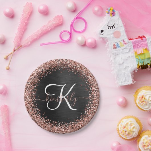 Custom Rose Gold Glitzer Black Sparkone Monogram Pappteller (Party)