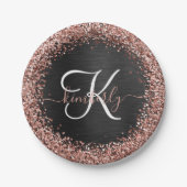 Custom Rose Gold Glitzer Black Sparkone Monogram Pappteller (Vorderseite)
