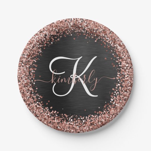 Custom Rose Gold Glitzer Black Sparkone Monogram Pappteller (Vorderseite)