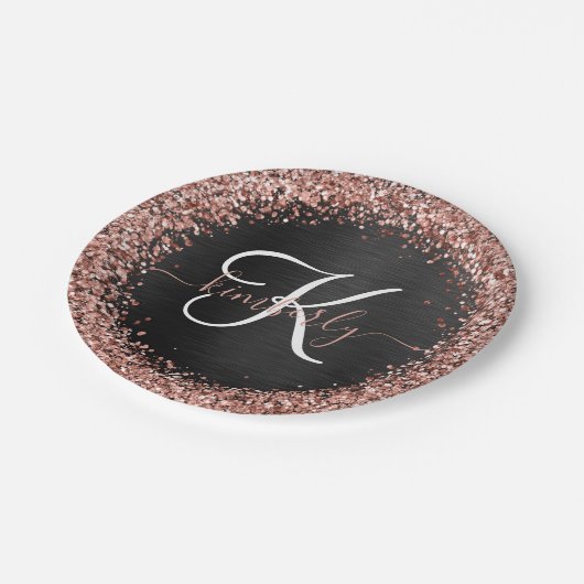 Custom Rose Gold Glitzer Black Sparkone Monogram Pappteller (Schrägansicht)