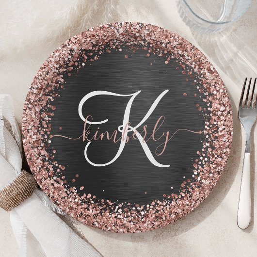 Custom Rose Gold Glitzer Black Sparkone Monogram Pappteller