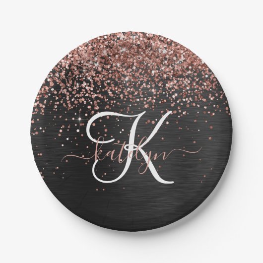 Custom Rose Gold Glitzer Black Sparkone Monogram Pappteller (Vorderseite)