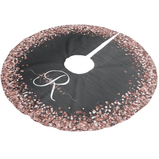 Custom Rose Gold Glitzer Black Sparkone Monogram Polyester Weihnachtsbaumdecke (Schrägansicht)