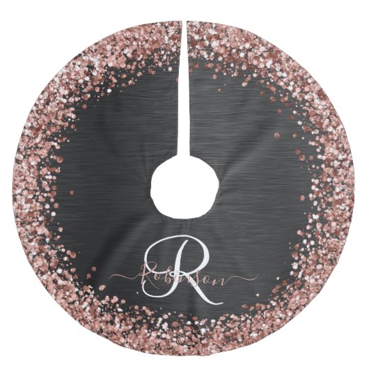 Custom Rose Gold Glitzer Black Sparkone Monogram Polyester Weihnachtsbaumdecke (Vorderseite)