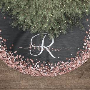 Custom Rose Gold Glitzer Black Sparkone Monogram Polyester Weihnachtsbaumdecke