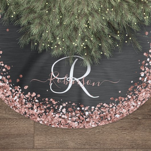 Custom Rose Gold Glitzer Black Sparkone Monogram Polyester Weihnachtsbaumdecke