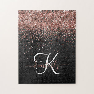Custom Rose Gold Glitzer Black Sparkone Monogram Puzzle