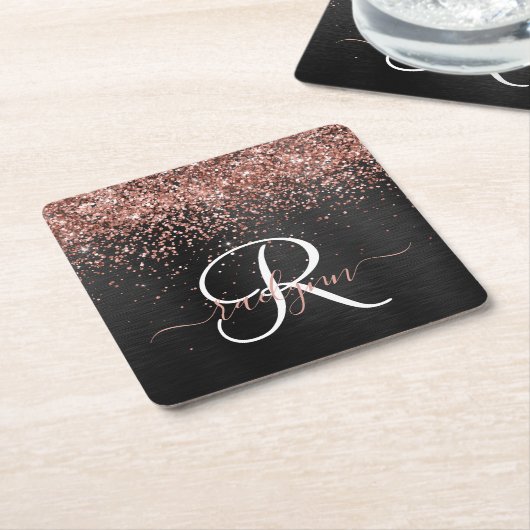 Custom Rose Gold Glitzer Black Sparkone Monogram Rechteckiger Pappuntersetzer (angewinkelt)