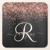 Custom Rose Gold Glitzer Black Sparkone Monogram Rechteckiger Pappuntersetzer (Vorderseite)