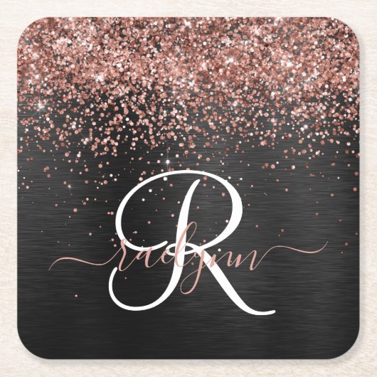 Custom Rose Gold Glitzer Black Sparkone Monogram Rechteckiger Pappuntersetzer (Vorderseite)