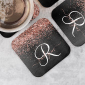 Custom Rose Gold Glitzer Black Sparkone Monogram Rechteckiger Pappuntersetzer