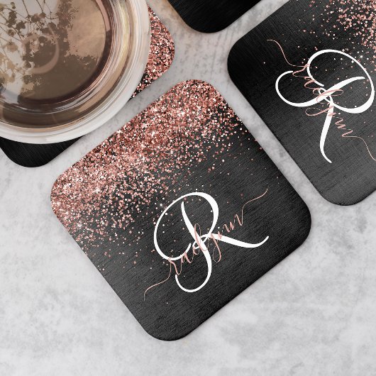 Custom Rose Gold Glitzer Black Sparkone Monogram Rechteckiger Pappuntersetzer