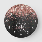 Custom Rose Gold Glitzer Black Sparkone Monogram Runde Wanduhr (Vorderseite)