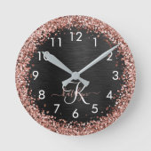 Custom Rose Gold Glitzer Black Sparkone Monogram Runde Wanduhr (Vorderseite)
