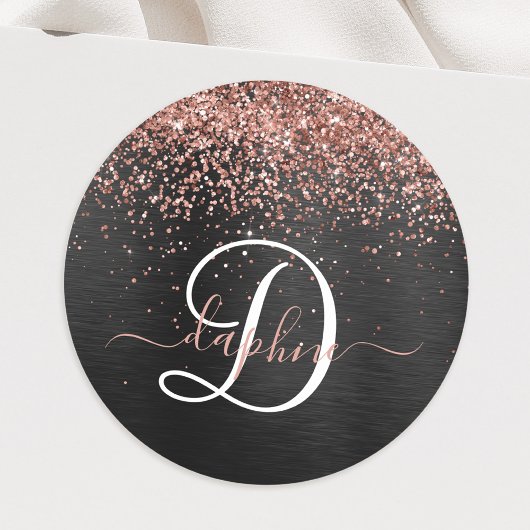 Custom Rose Gold Glitzer Black Sparkone Monogram Runder Aufkleber