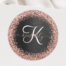 Custom Rose Gold Glitzer Black Sparkone Monogram Runder Aufkleber