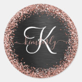 Custom Rose Gold Glitzer Black Sparkone Monogram Runder Aufkleber (Vorderseite)