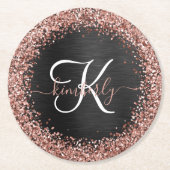 Custom Rose Gold Glitzer Black Sparkone Monogram Runder Pappuntersetzer (Vorderseite)