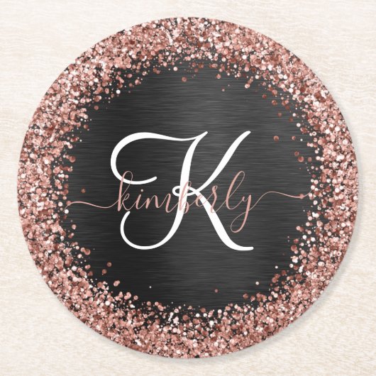 Custom Rose Gold Glitzer Black Sparkone Monogram Runder Pappuntersetzer (Vorderseite)
