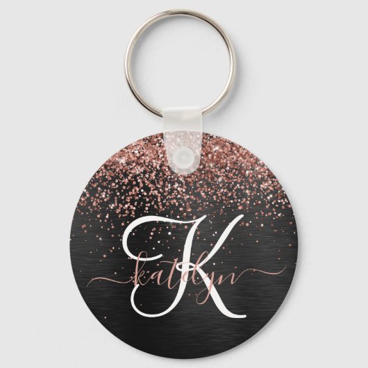 Custom Rose Gold Glitzer Black Sparkone Monogram Schlüsselanhänger (Rückseite)
