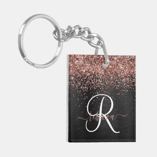 Custom Rose Gold Glitzer Black Sparkone Monogram Schlüsselanhänger (Vorderseite links)