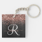 Custom Rose Gold Glitzer Black Sparkone Monogram Schlüsselanhänger (Rückseite)