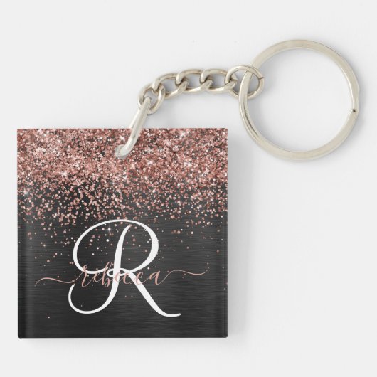 Custom Rose Gold Glitzer Black Sparkone Monogram Schlüsselanhänger (Rückseite)
