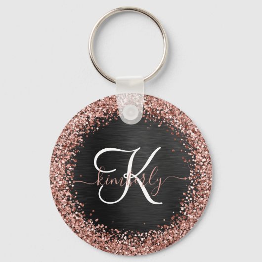 Custom Rose Gold Glitzer Black Sparkone Monogram Schlüsselanhänger (Vorderseite)