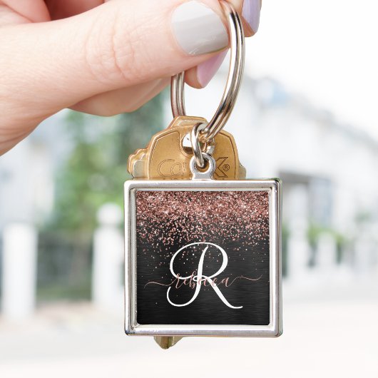Custom Rose Gold Glitzer Black Sparkone Monogram Schlüsselanhänger