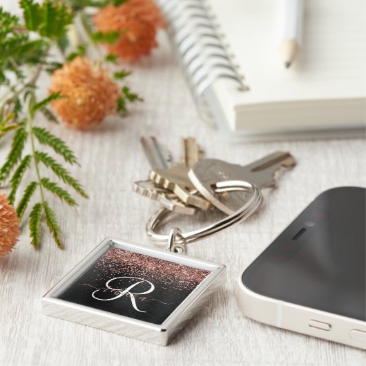 Custom Rose Gold Glitzer Black Sparkone Monogram Schlüsselanhänger (Seite)