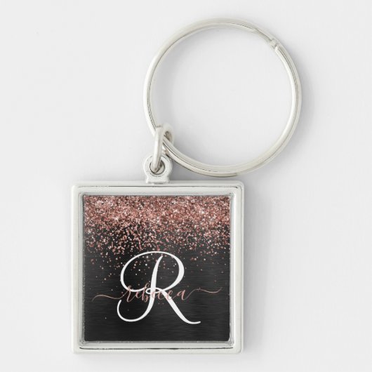 Custom Rose Gold Glitzer Black Sparkone Monogram Schlüsselanhänger (Vorne)