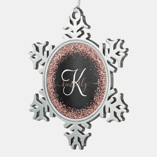 Custom Rose Gold Glitzer Black Sparkone Monogram Schneeflocken Zinn-Ornament (Rechts)